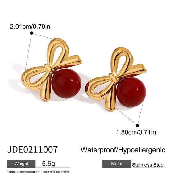 18K Gold Plated Red Bow Stud Earrings - Picture 5 of 6